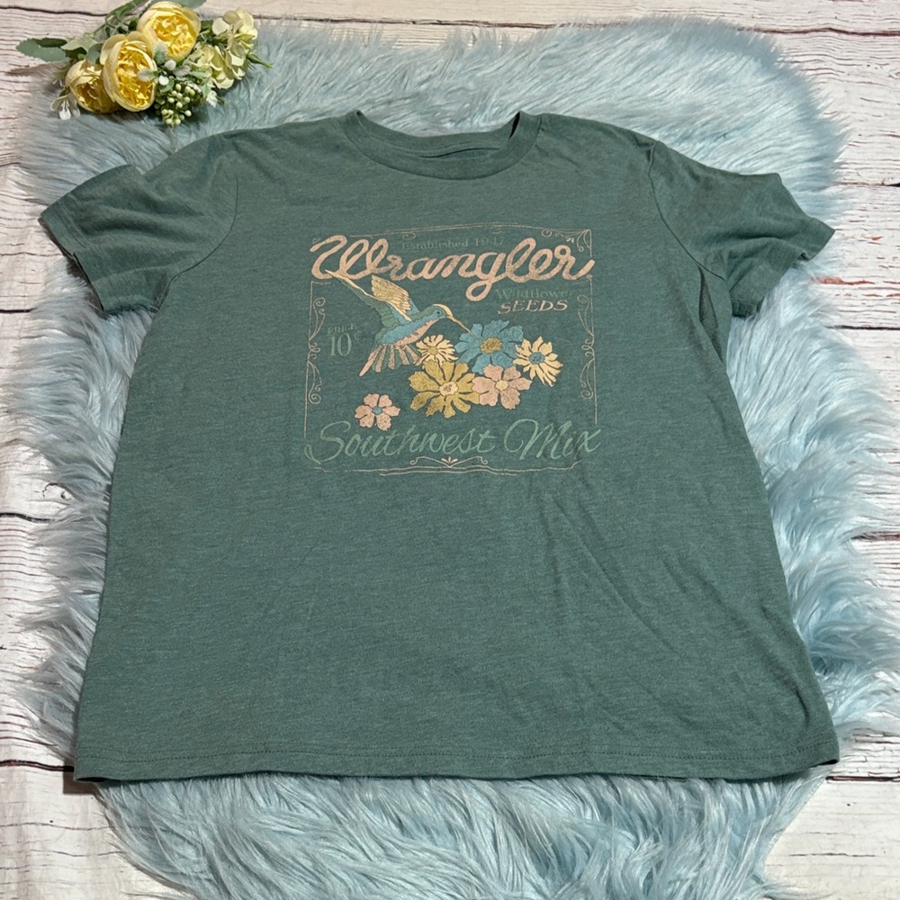 Wrangler Teal Graphic Tee with Floral Design sz XS
